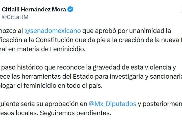 Senado aprueba reforma para crear Ley contra el Feminicidio: Citlalli Hernández reconoce decisión