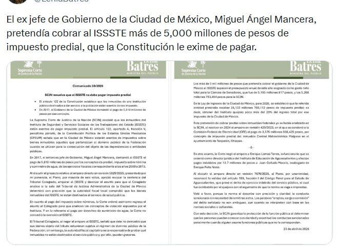 Lenia Batres impulsa freno a deuda millonaria del ISSSTE en la SCJN