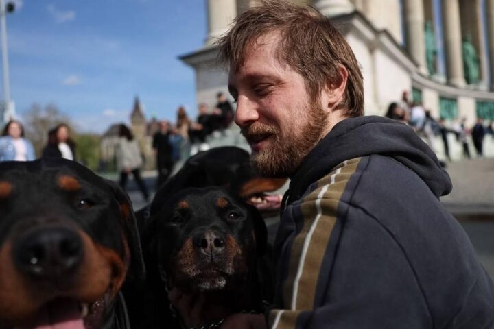 Marcell posa con sus perros horas antes del inicio de los conciertos en Budapest.
