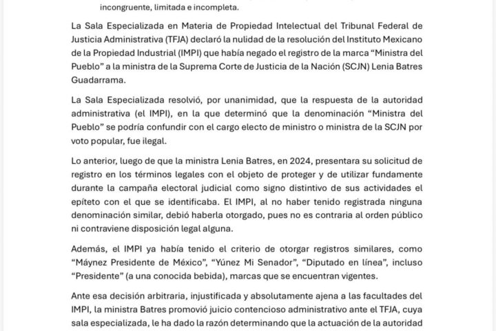 Lenia Batres revierte decisión del IMPI sobre registro del apodo “ministra del pueblo”