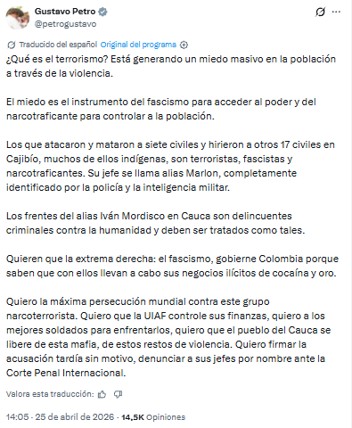 Gustavo Petro culpa a “alías Marlon” por ataque que dejó siete muertos y 17 heridos