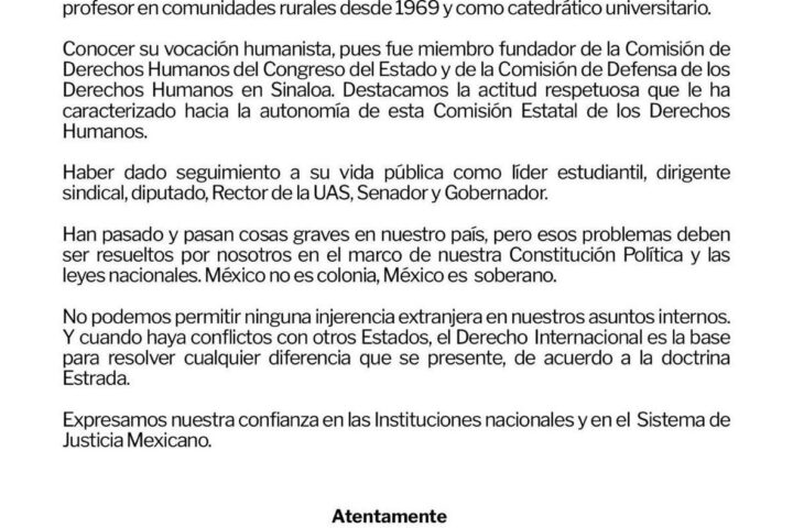 CEDH de Sinaloa respalda a Rocha Moya y funcionarios acusados