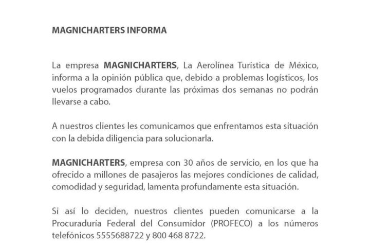 Magnicharters suspende operaciones dos semanas sin dar razones a sus usuarios