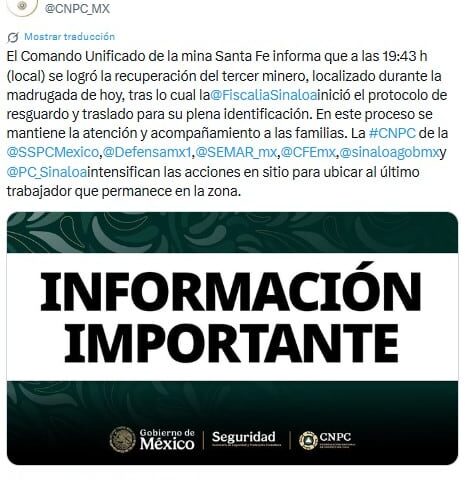 Rescatan cuerpo sin vida del tercer minero de Santa Fe, Sinaloa