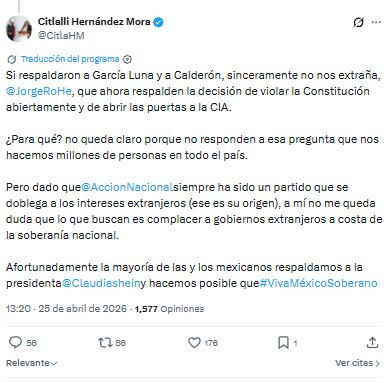 Citlalli Hernández critica a Jorge Romero