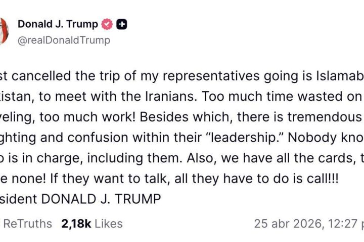 Truth Social de Trump sobre el viaje cancelado a Islambad.