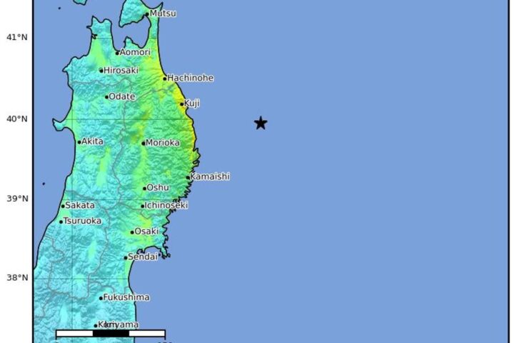 Un mapa de intensidad sísmica del terremoto de magnitud 7,4 de Japón.