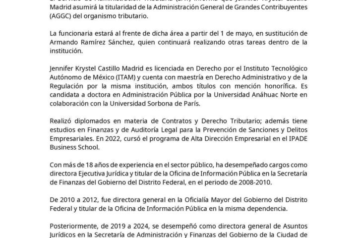 SAT designa a Jennifer Krystel Castillo como titular de AGGC