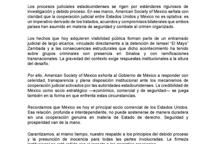 American Society of Mexico exige transparencia en caso Rocha Moya
