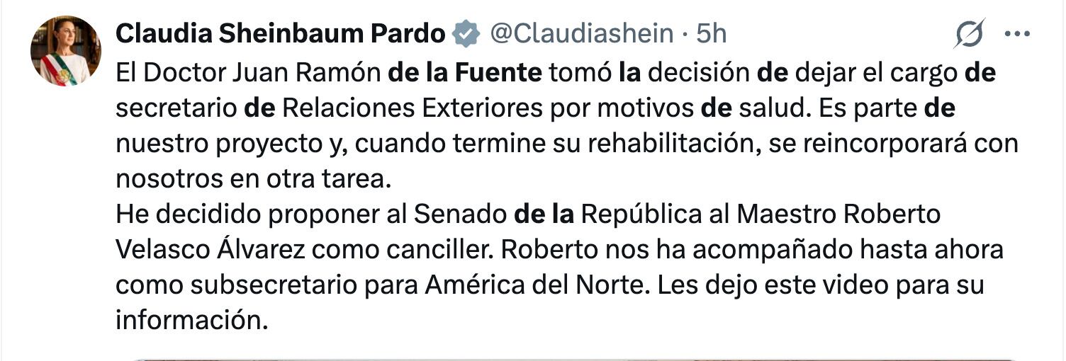 Juan Ramón de la Fuente sobre salida de la SRE