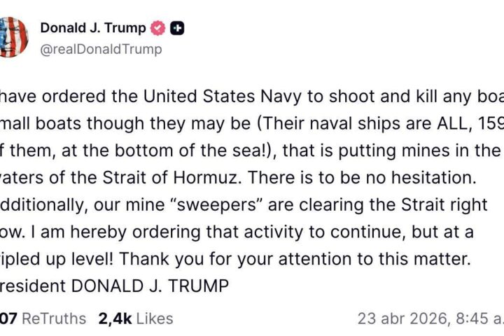 Truth Social de Trump sobre el minado de Ormuz.