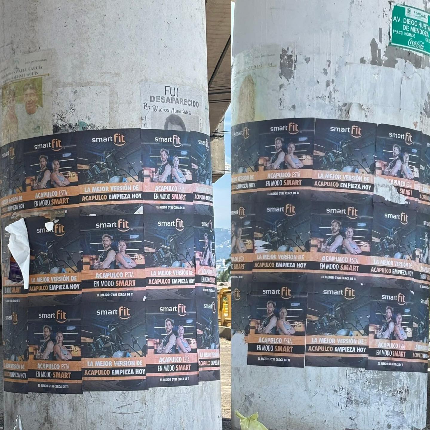 Smart Fit coloca publicidad sobre fichas de desaparecidos en Acapulco.