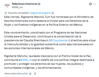SRE nombra a Rigoberta Menchú alta consejera para los Derechos de las Mujeres y los Pueblos Indígenas