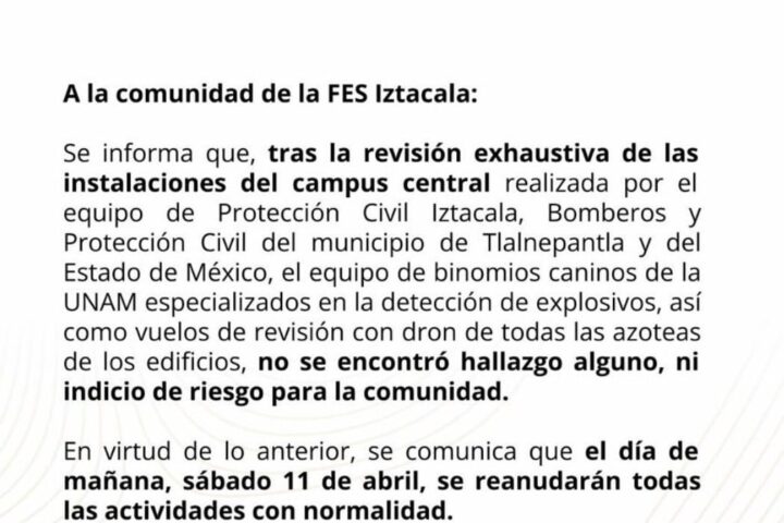 FES Iztacala reanuda actividades tras amenaza de bomba