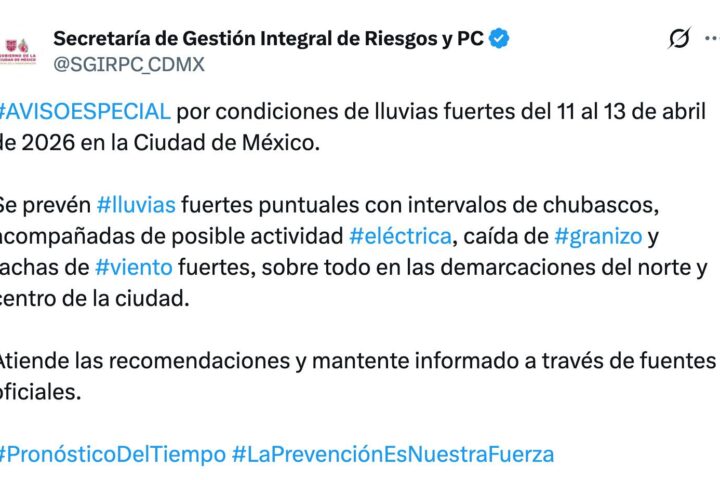 Clima en CDMX espera lluvias y granizo del 11 al 13 de abril