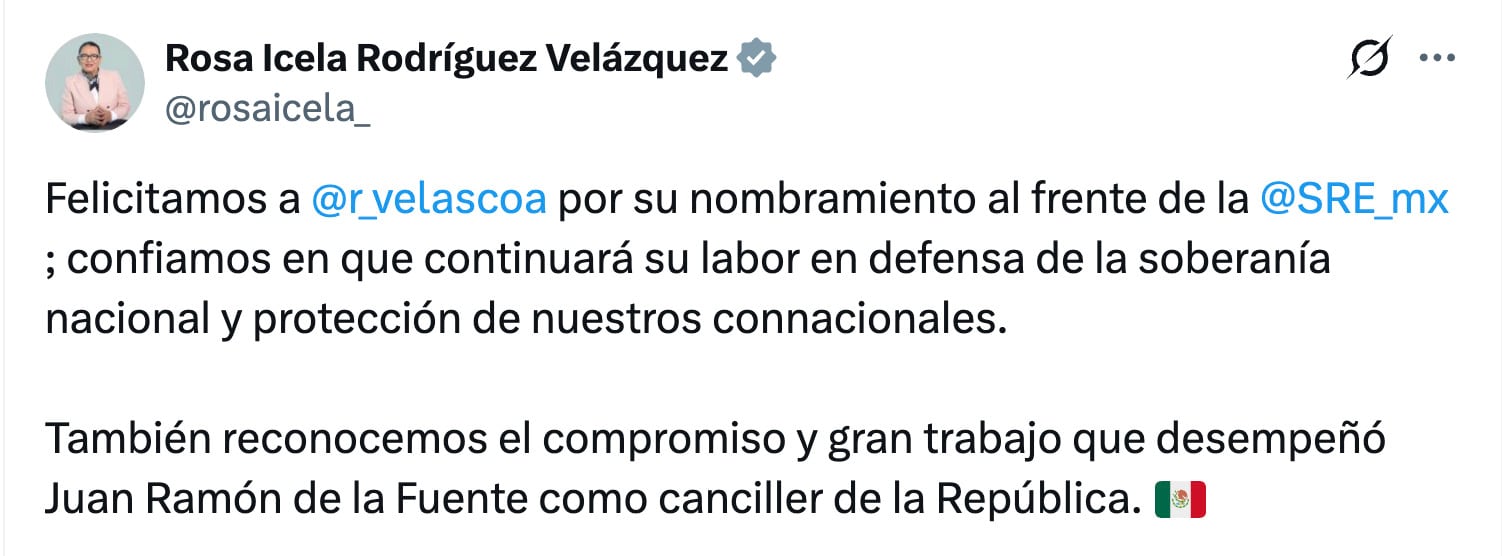 Rosa Icela Rodríguez felicita a Roberto Velasco y reconoce a Juan Ramón de la Fuente