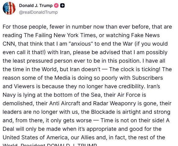 Trump dice que no tiene prisa para terminar la guerra con Irán