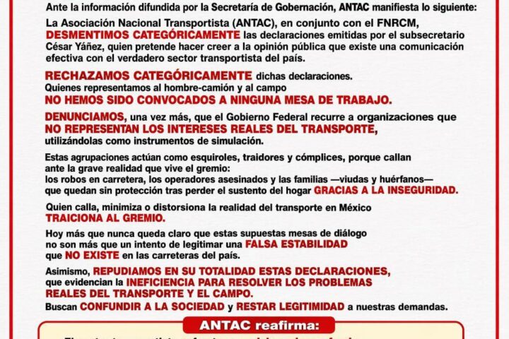 ANTAC advierte movilización el 11 de junio si no hay diálogo con Yáñez