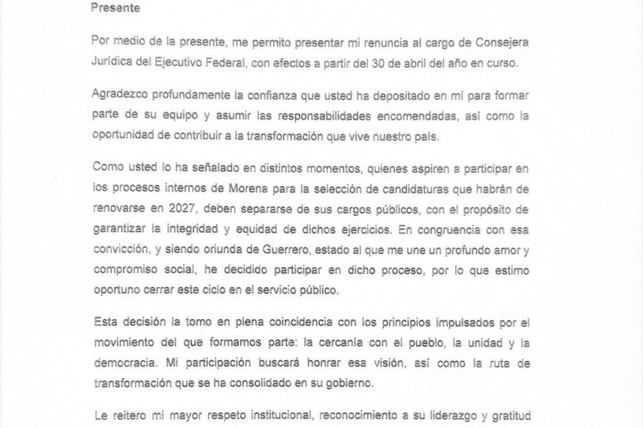 Carta de renuncia de Damián Guerrero a Claudia Sheinbaum.