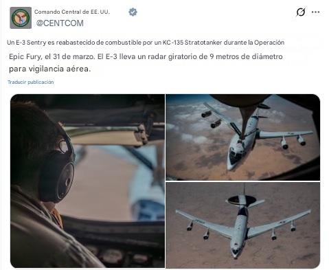 Centcom informa sobre reabastecimiento de combustible a avión.