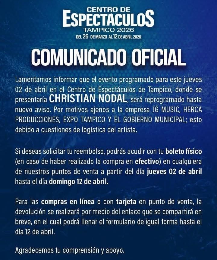 Christian Nodal cancela concierto en Tampico del 2 de abril