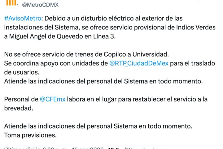 Metro CDMX anunció servicio provisional por falla eléctrica en Línea 3