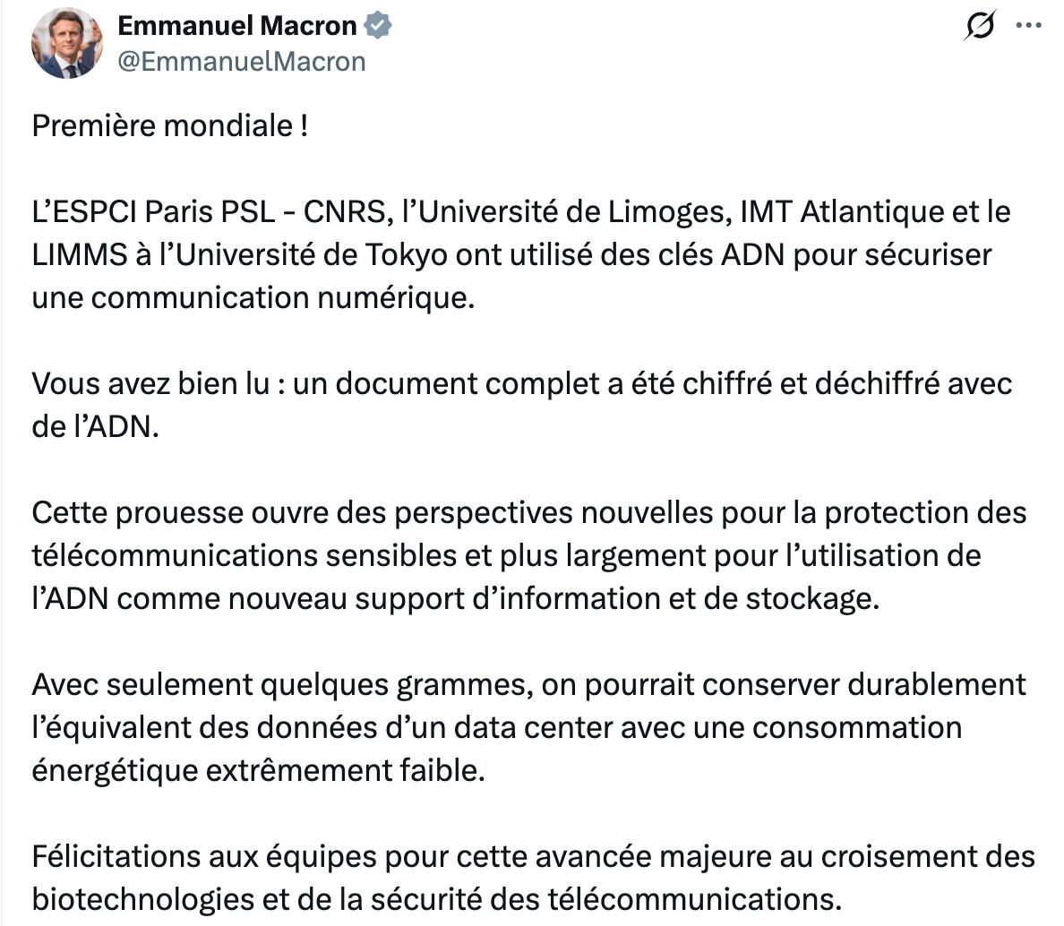 Emmanuel Macron revela en un comunicado la nueva tecnología del ADN como llave de encriptación y cifrado