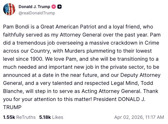 Donald Trump destituye a Pam Bondi