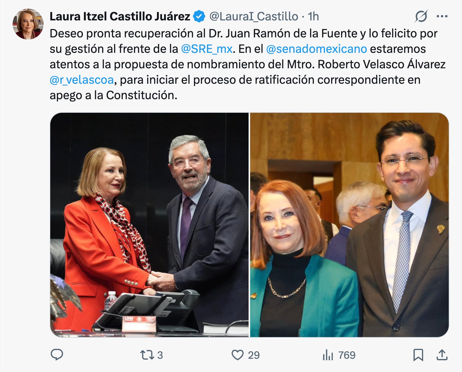 Laura Itzel Castillo felicita a Roberto Velasco y reconoce a Juan Ramón de la Fuente