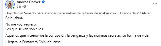 Licencia de Andrea Chávez agita la carrera por Chihuahua 2027