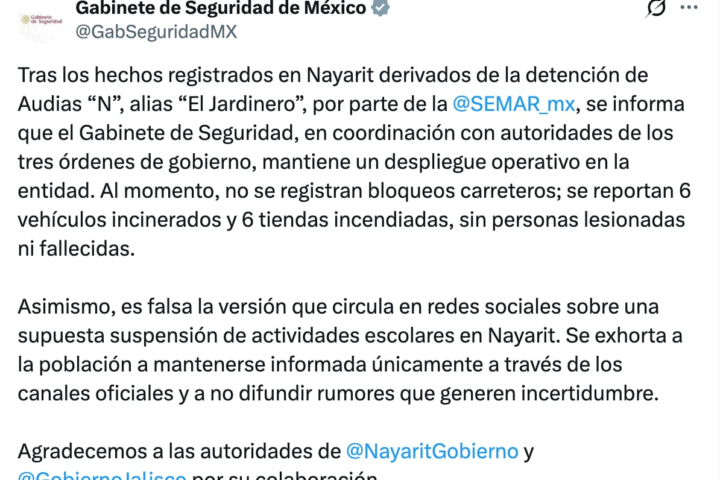 Gabinete de Seguridad responde a violencia en Nayarit tras captura de “El Jardinero”