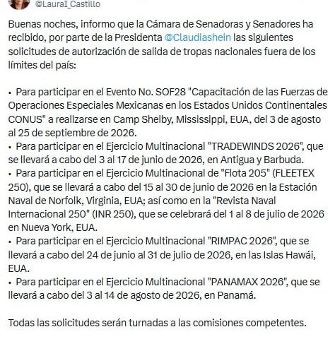 Senado recibe solicitud de Sheinbaum sobre salida de tropas mexicanas al extranjero