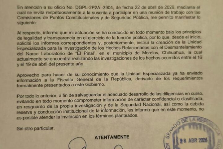 Maru Campos justifica en carta al Senado su ausencia en comparecencia