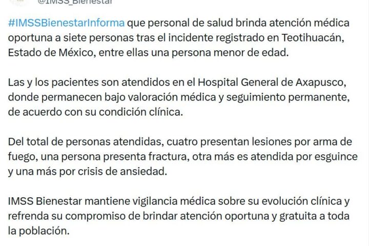 Balacera en Teotihuacán: IMSS Bienestar brinda informe sobre los 7 lesionados