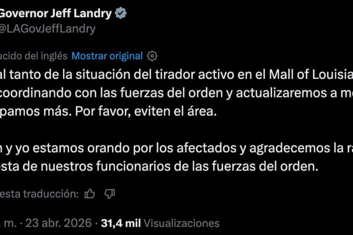 Gobernador de Louisiana está en contacto con autoridades tras tiroteo en centro comercial
