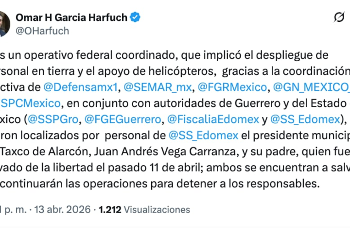 Localizan a Juan Andrés Vega Carranza y a su padre; Harfuch lo confirma