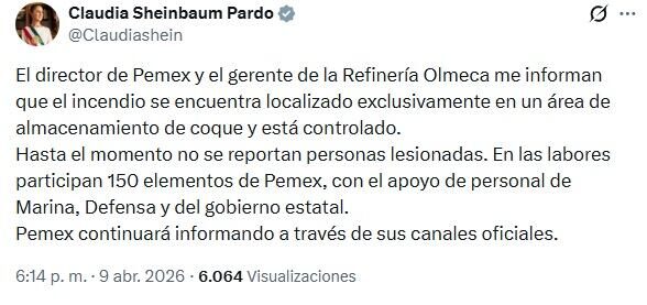 Sheinbaum informa sobre incendio en Dos Bocas tras llamada con Pemex