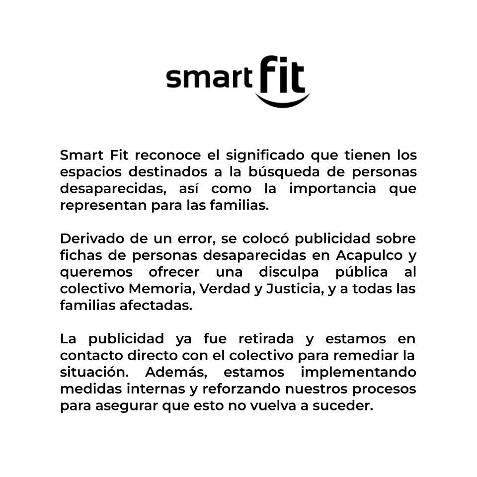 Comunicado de Smart Fit sobre su publicidad en fichas de desaparecidos.