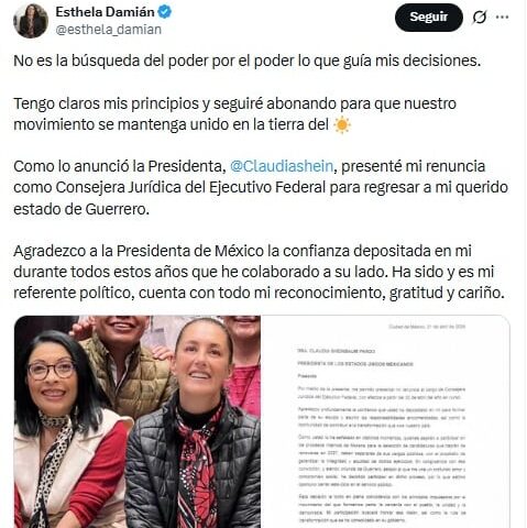 Esthela Damián rechaza que su renuncia a la CJEF sea por poder.
