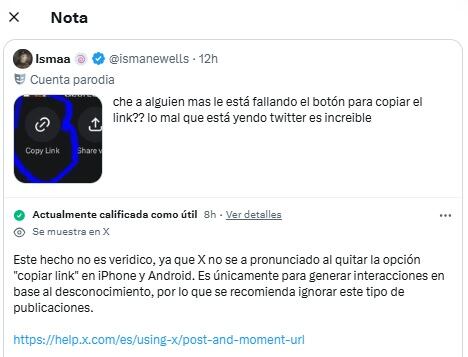 Nota en X descarta que esté fallando el botón copiar link.