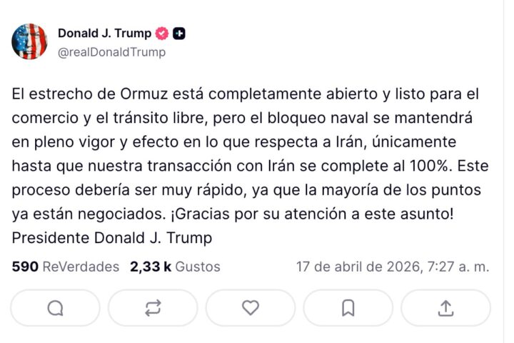 Trump asegura que Irán reabrió el Estrecho de Ormuz en plena tregua en Líbano
