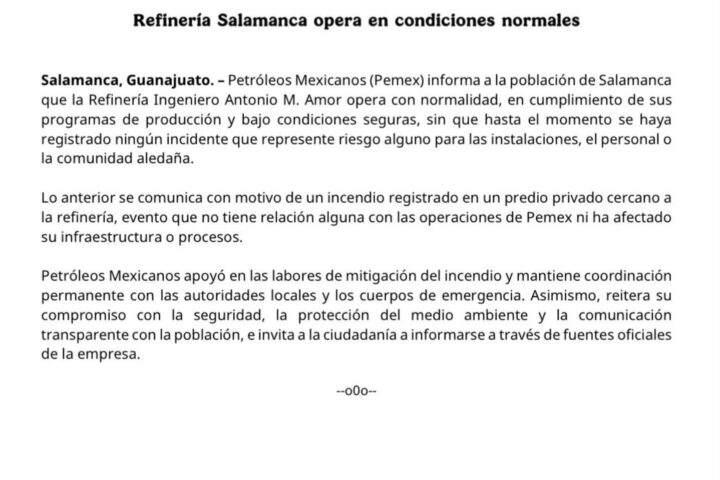 Pemex aclara supuesto incendio en Refinería de Salamanca