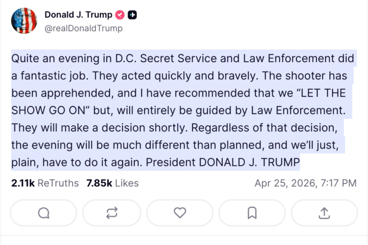 “Actuaron rápido”: Trump elogia al Servicio Secreto en la Cena de Corresponsales