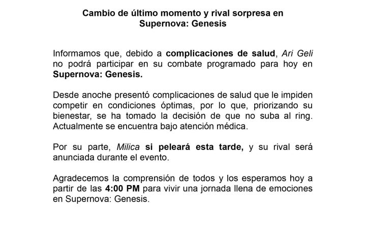 Supernova Génesis confirma que Ari Geli no peleará y la rival de Milica será sorpresa.