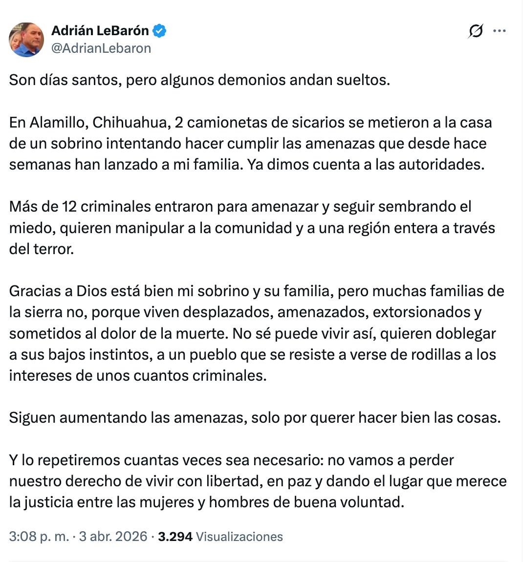 Adrián LeBarón denuncia intento de ataque contra su familia
