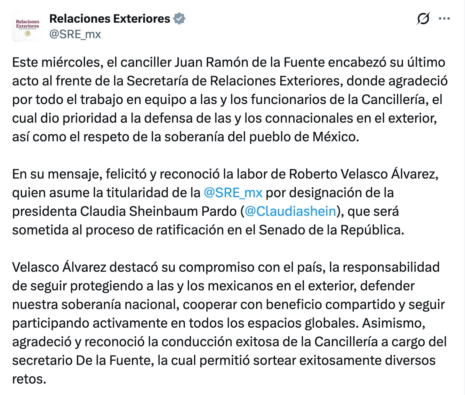 Juan Ramón de la Fuente sobre salida de la SRE