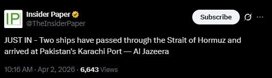 Dos buques cruzan el Estrecho de Ormuz y llegan a Pakistán