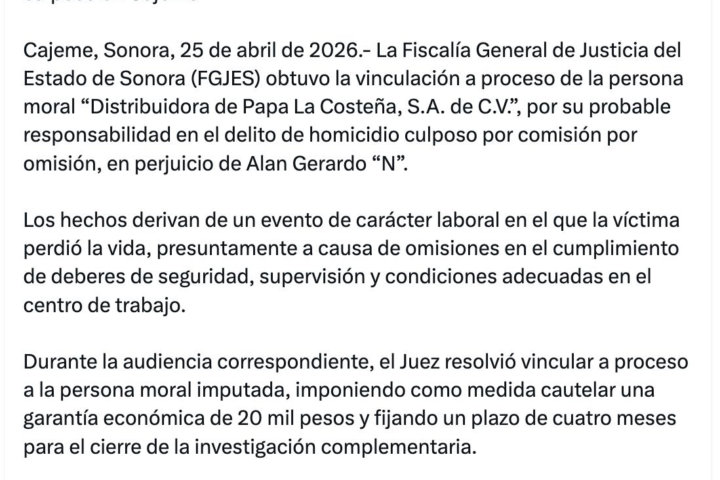 Comunicado de la Fiscalía de Sonora tras la muerte de un  trabajador en la Distribuidora de papa La Costeña