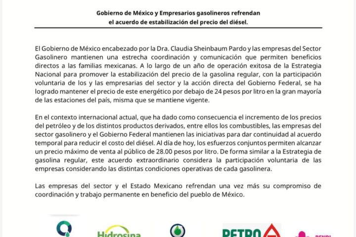 Gobierno de México y gasolineros mantienen acuerdo para precio de gasolina y diésel