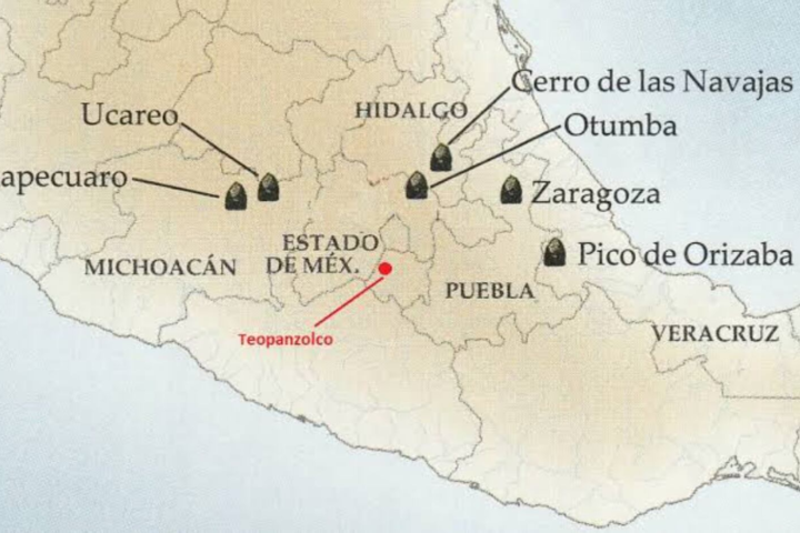 Mapa con los principales yacimientos de obsidiana en Mesoamérica.